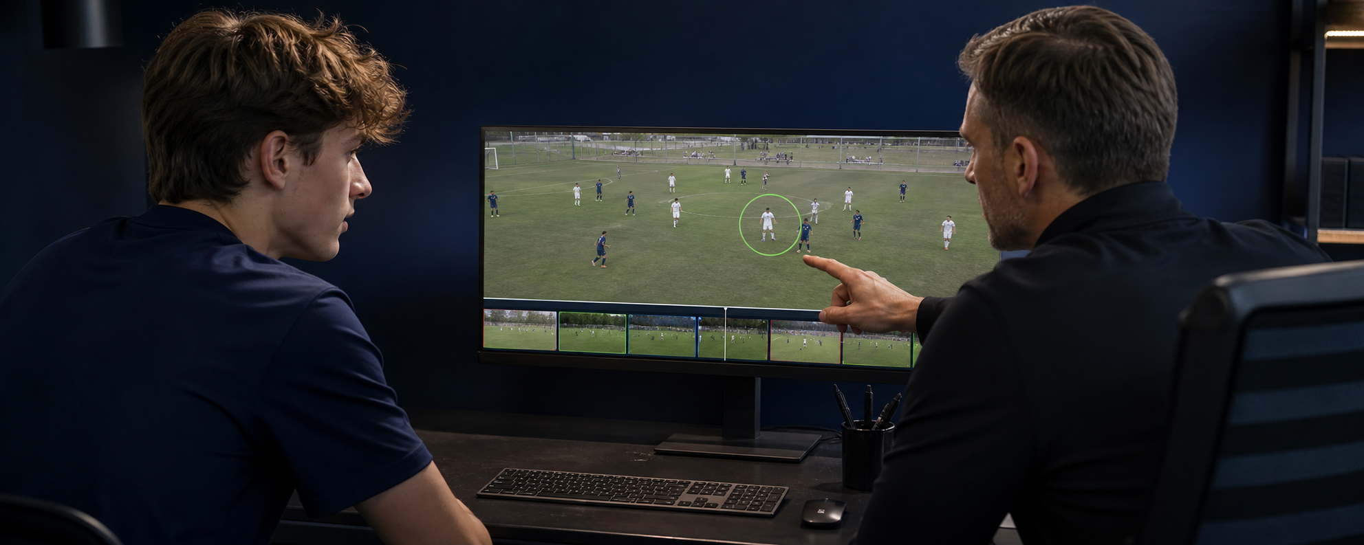 Young soccer player reviewing selected recruiting highlights with a professional video analyst